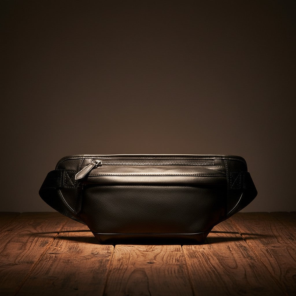 Barcon Getta Inc black Ethiopian leather fanny bag with multiple carrying styles, main and sub-zipper pockets.