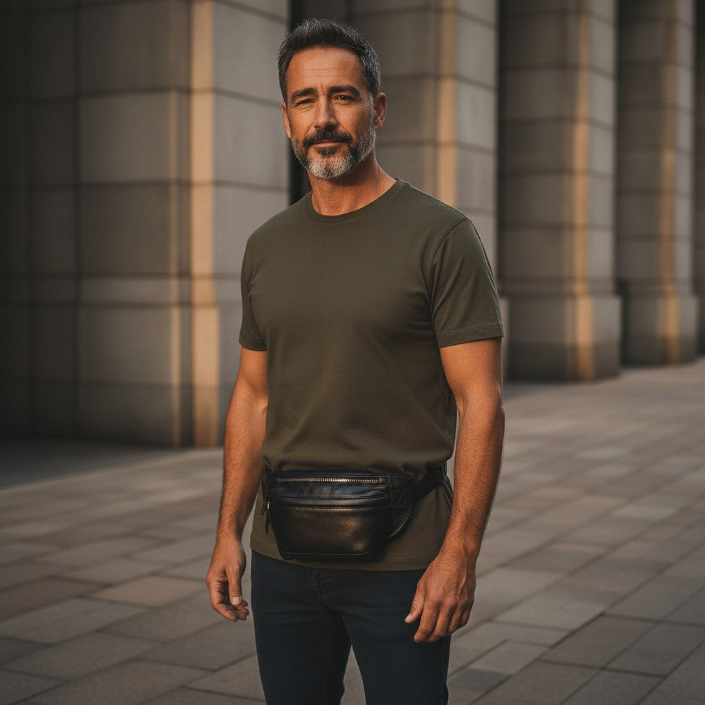Barcon Getta Inc black full grain leather fanny bag with multiple carrying styles, main and sub-zipper pockets.