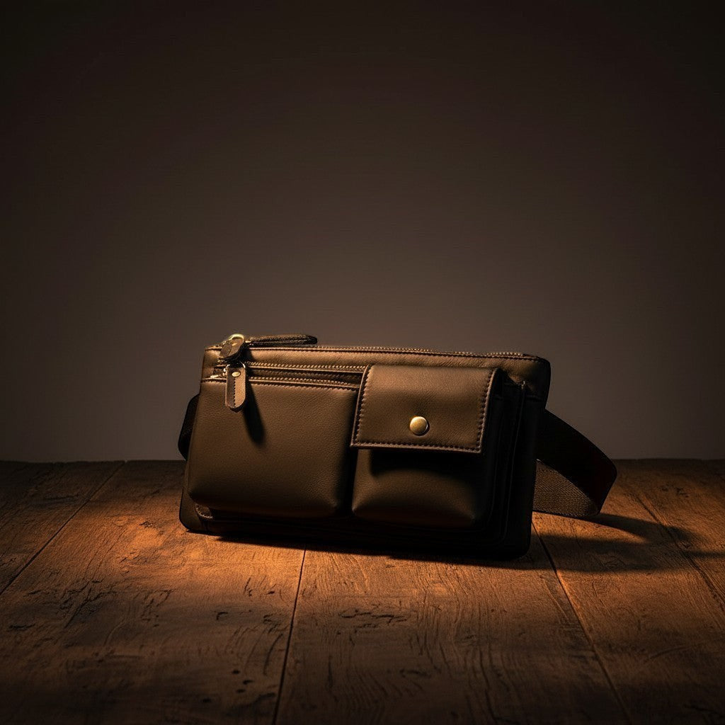 Barcon Getta Inc black full grain leather fanny bag with multiple zipper pockets and adjustable strap.
