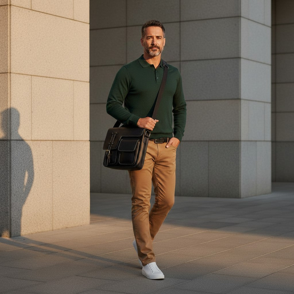 Barcon Getta Inc black full grain leather messenger bag with multiple pockets, worn by a man walking outdoors.