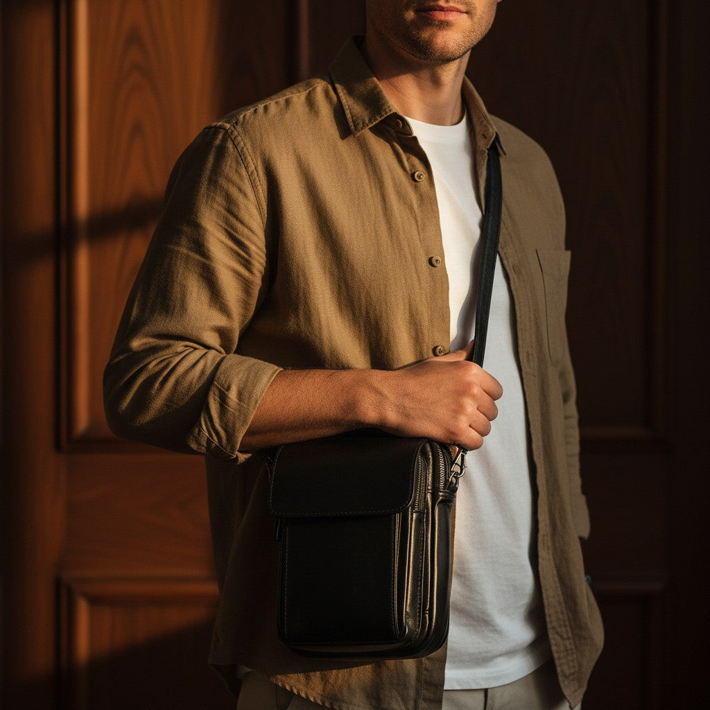 Barcon Getta Inc black full grain leather mini shoulder bag with top handle and multiple pockets.
