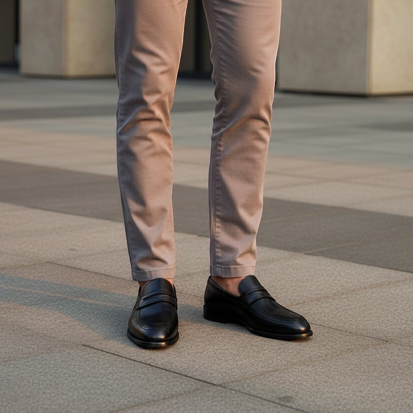 Barcon Getta Inc KINSHASA black leather penny loafers with subtle stitching details and a refined silhouette.