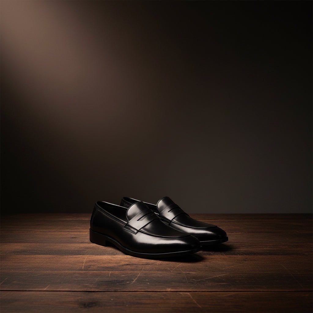 Barcon Getta Inc MONROVIA black leather penny loafers with a sleek silhouette and traditional penny strap.