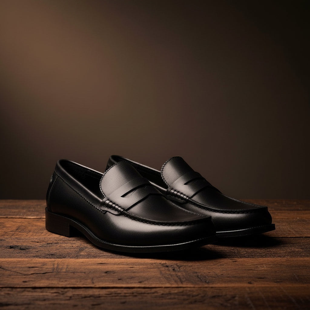 Barcon Getta Inc ABUJA black leather penny loafers with traditional strap detail on a wooden surface.