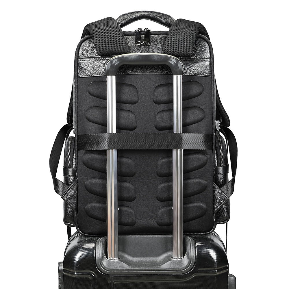 Barcon Getta Inc black leather backpack with padded straps and luggage strap for travel and everyday use.