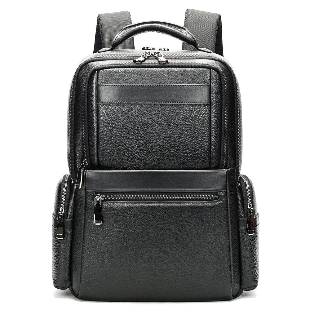 Barcon Getta Inc black pebbled leather backpack with multiple zippered compartments and padded shoulder straps for professional use.