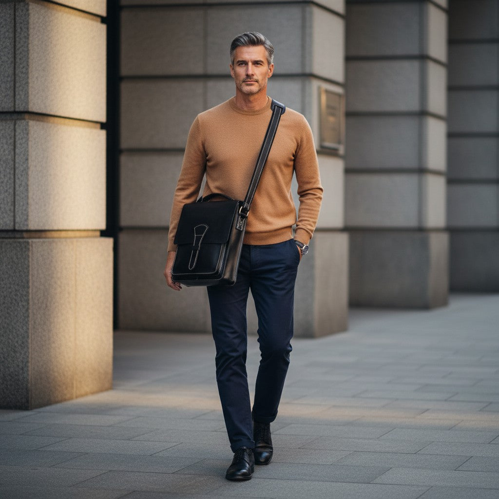 Barcon Getta Inc HARBORSIDE black full grain leather shoulder bag with contrast stitching and flap closure.