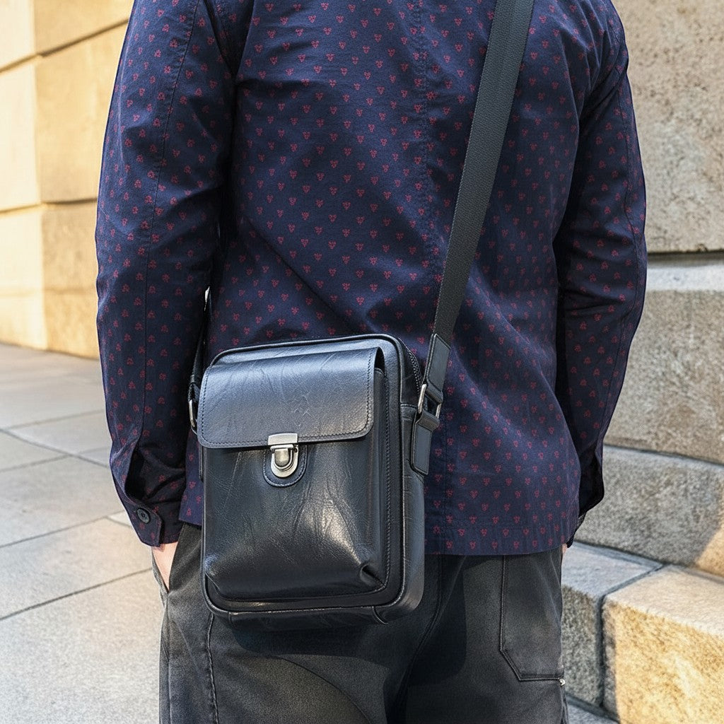 Barcon Getta Inc black full grain leather crossbody bag with flap closure and adjustable strap.