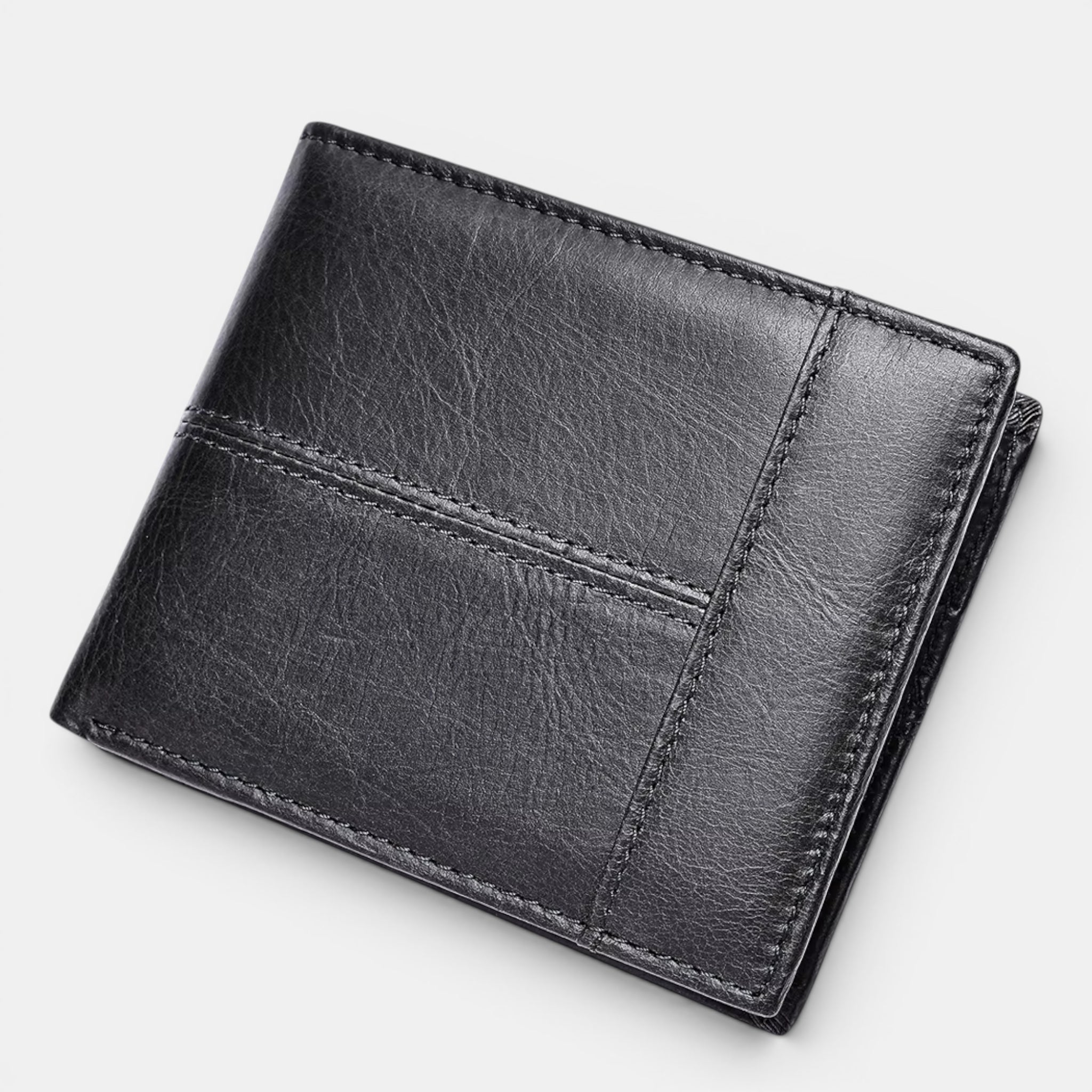 Barcon Getta Inc black full grain leather slim wallet with 8 card slots, coin slot, bill compartments, ID window, and anti-theft swipe.