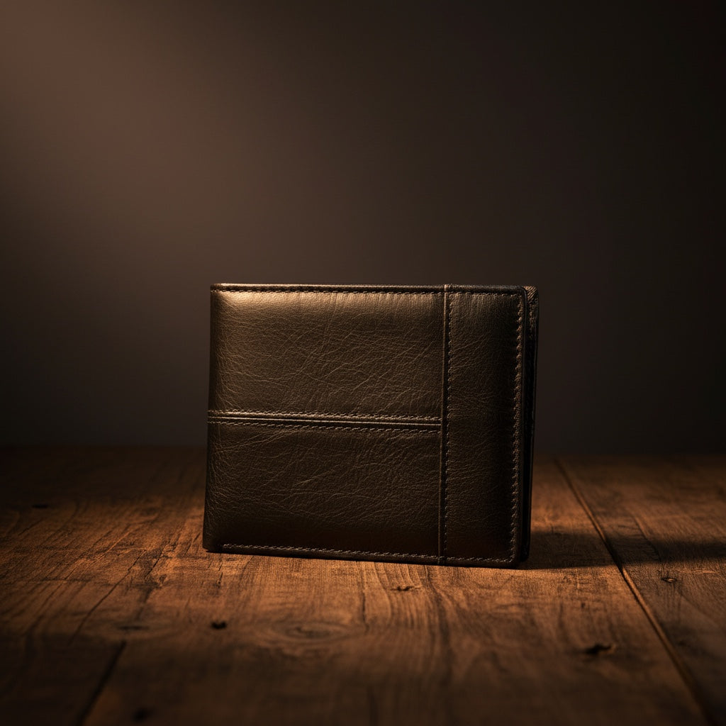 Barcon Getta Inc black full grain leather slim wallet with 8 card slots, coin slot, bill compartments, ID window, and anti-theft swipe.