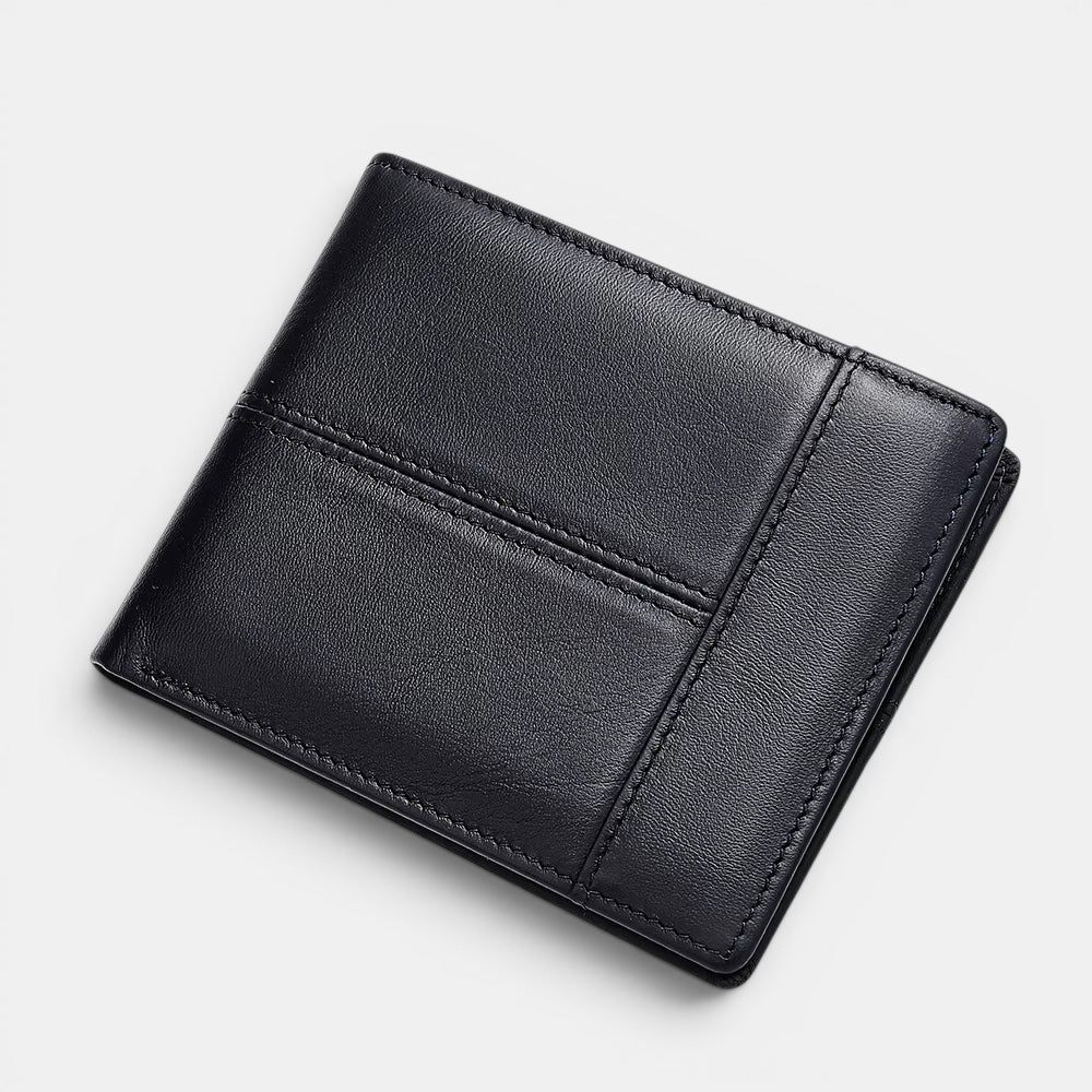 Barcon Getta Inc black full grain leather slim wallet with 8 card slots, coin slot, bill compartments, ID window, and anti-theft swipe.