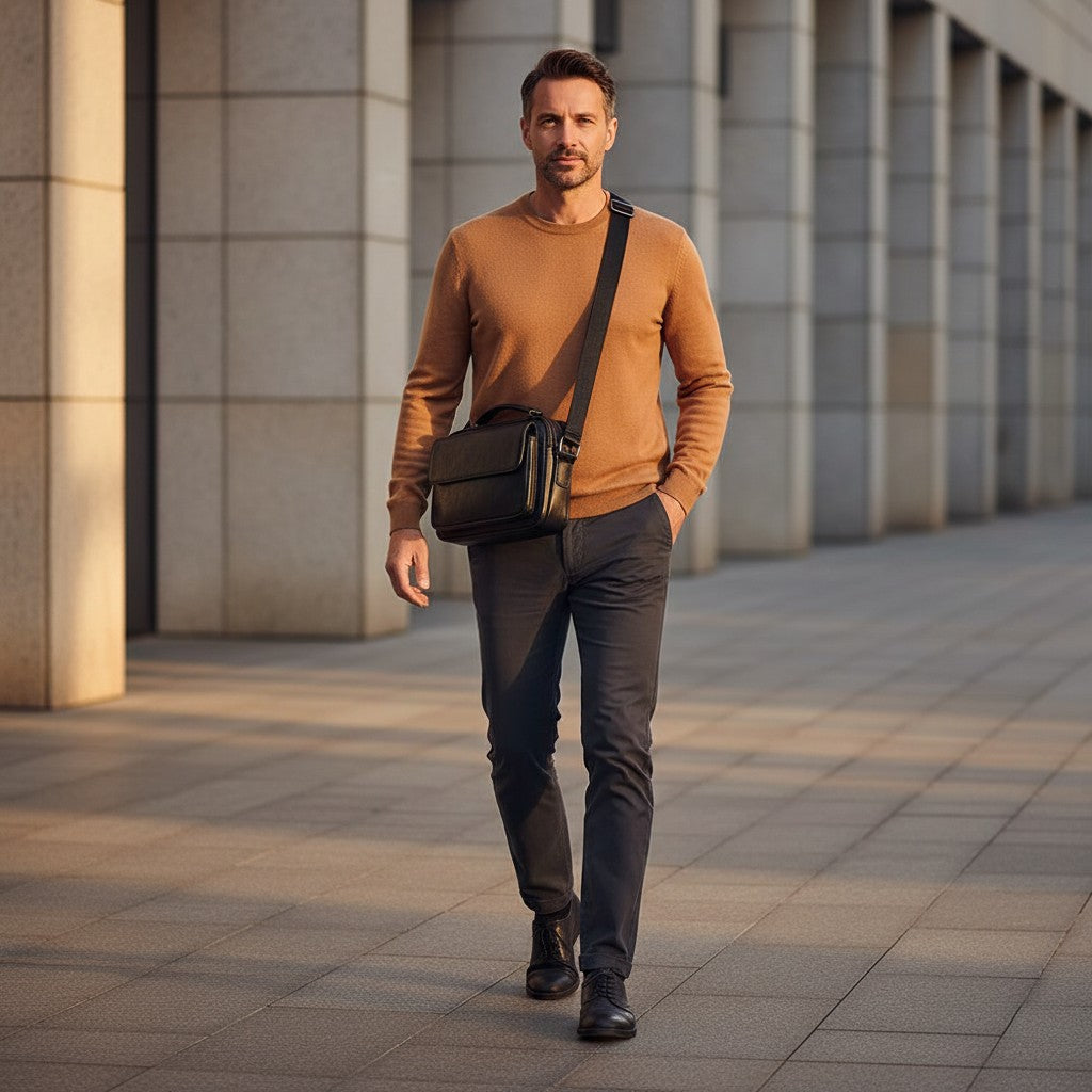 Barcon Getta Inc black full grain leather everyday sling shoulder bag with front flap pocket and adjustable strap.
