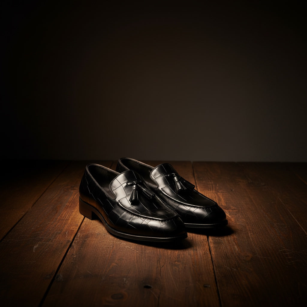 Barcon Getta Inc. black croc-embossed leather tassel loafers with silk tassels and leather lining.