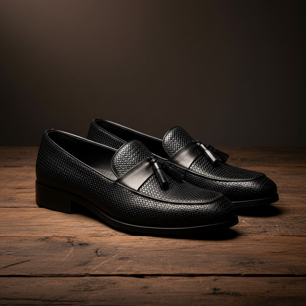 Barcon Getta Inc BERBERA black full-grain leather hand-woven tassel loafers with smooth leather saddle.