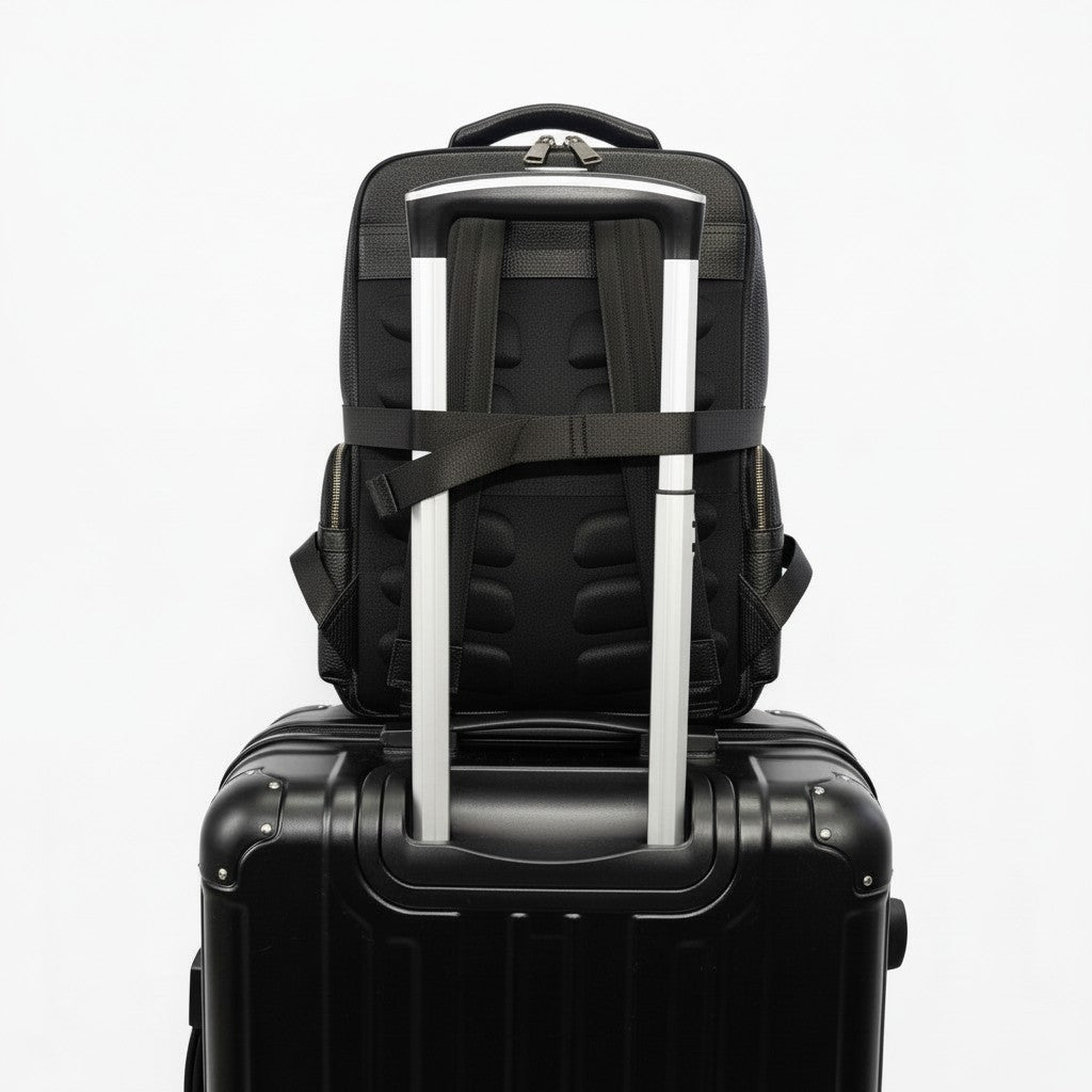 Barcon Getta Inc black full grain leather backpack with padded straps, designed for travel and laptops.