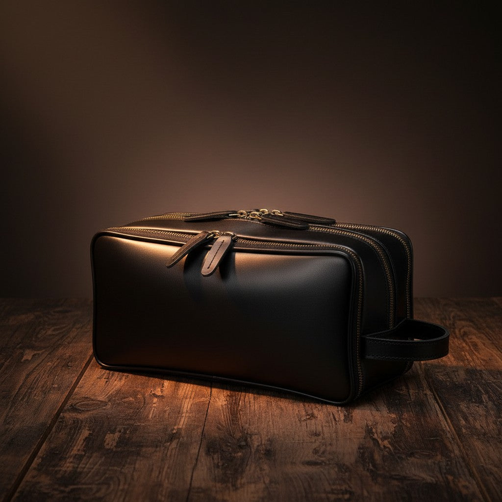 Barcon Getta Inc black leather travel kit with multiple zippered compartments and a side handle.