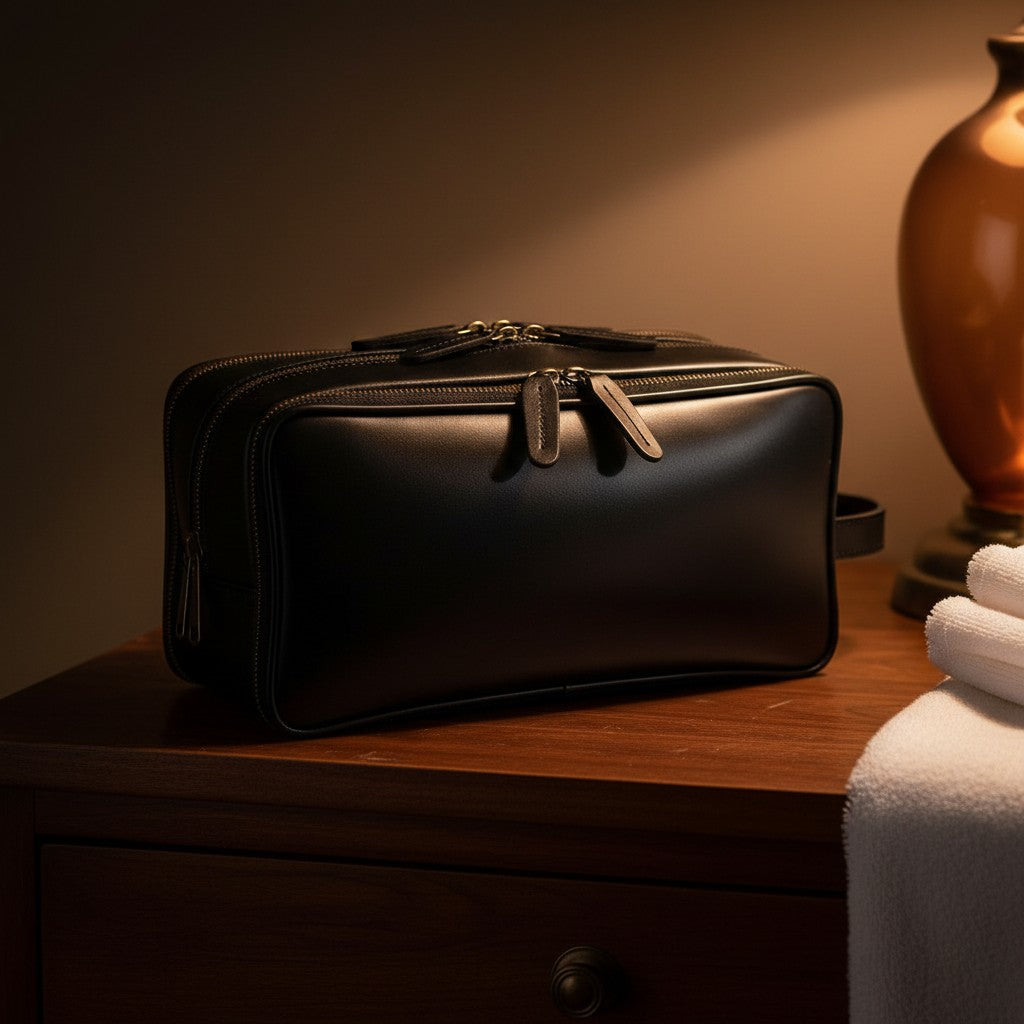 Barcon Getta Inc black leather travel kit with multiple zippered compartments and a side handle.