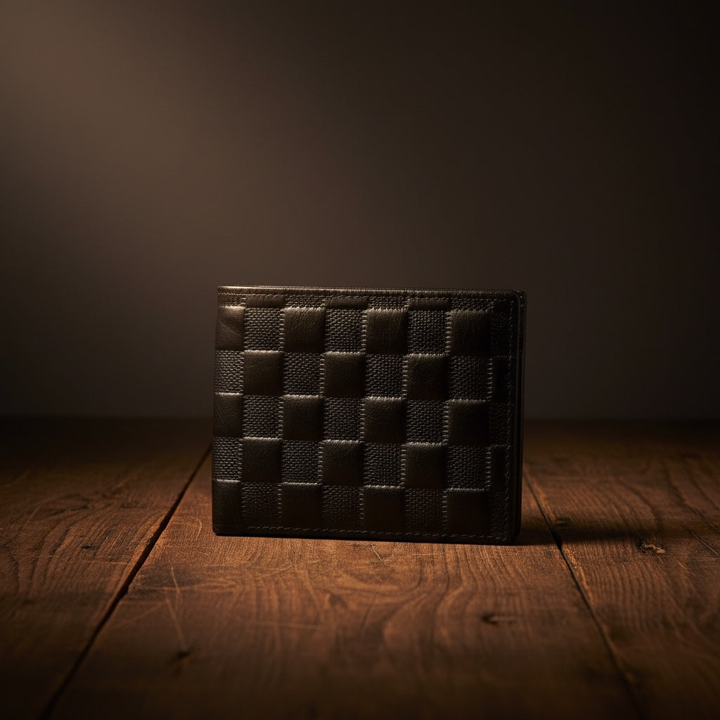 Barcon Getta Inc black full grain leather bi-fold wallet with embossed checkerboard pattern.