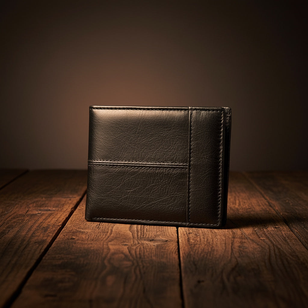 Barcon Getta Inc black full grain leather bi-fold wallet with 8 card slots, coin slot, bill compartments, ID window, and anti-theft swipe.