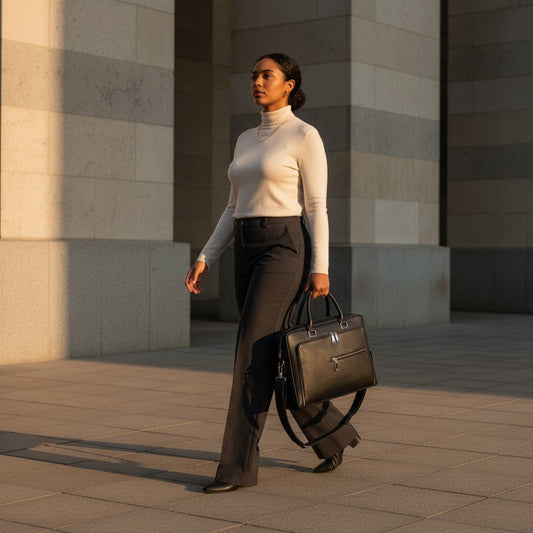 Barcon Getta Inc black pebbled leather workbag with top handles, detachable strap, and multiple zipper pockets.