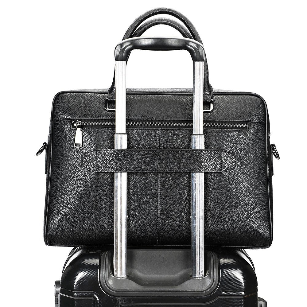 Barcon Getta Inc black pebbled leather workbag with multiple pockets and trolley strap, fits up to 15" laptop.