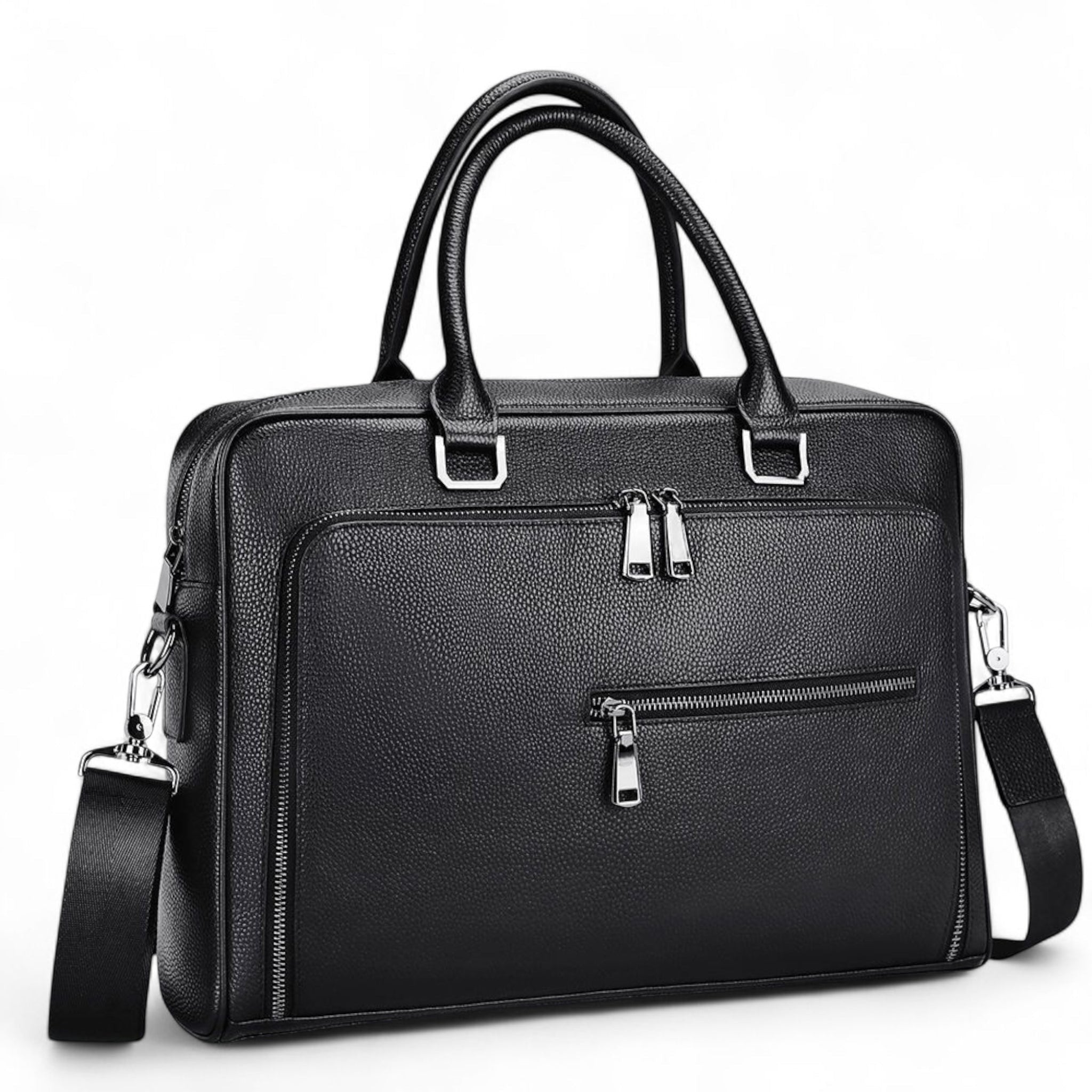 Barcon Getta Inc black pebbled leather workbag with multiple zipper pockets and top handles.