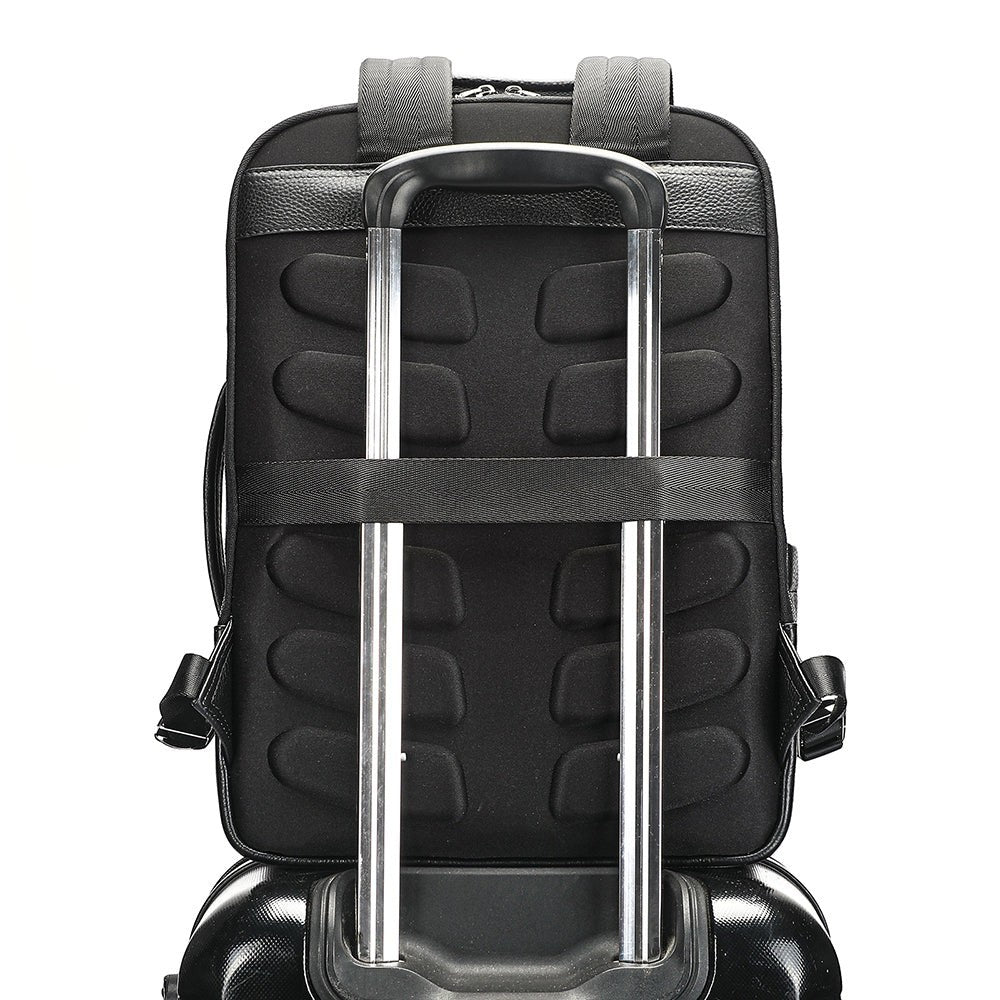 Barcon Getta Inc black leather WORKDAY backpack with padded straps and trolley sleeve