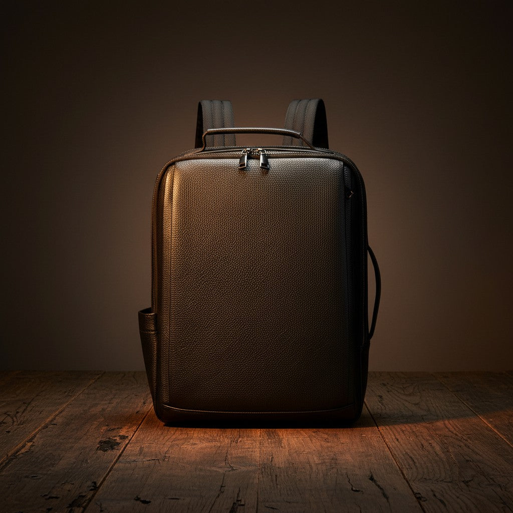 Barcon Getta Inc black full grain leather WORKDAY backpack with multiple pockets and padded straps.