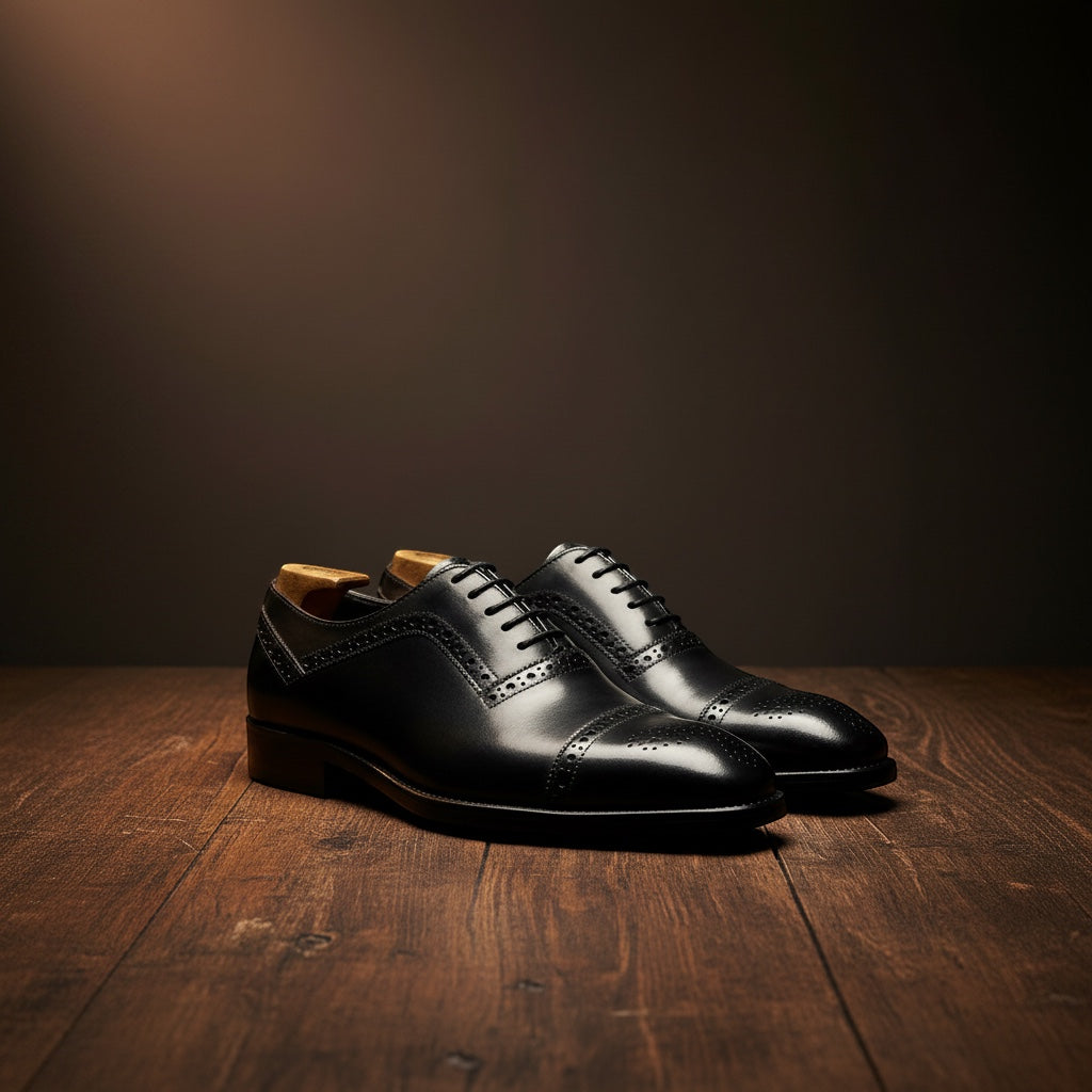 Barcon Getta Inc black full grain leather Oxford cap toe dress shoes with brogue detailing and wooden shoe trees.