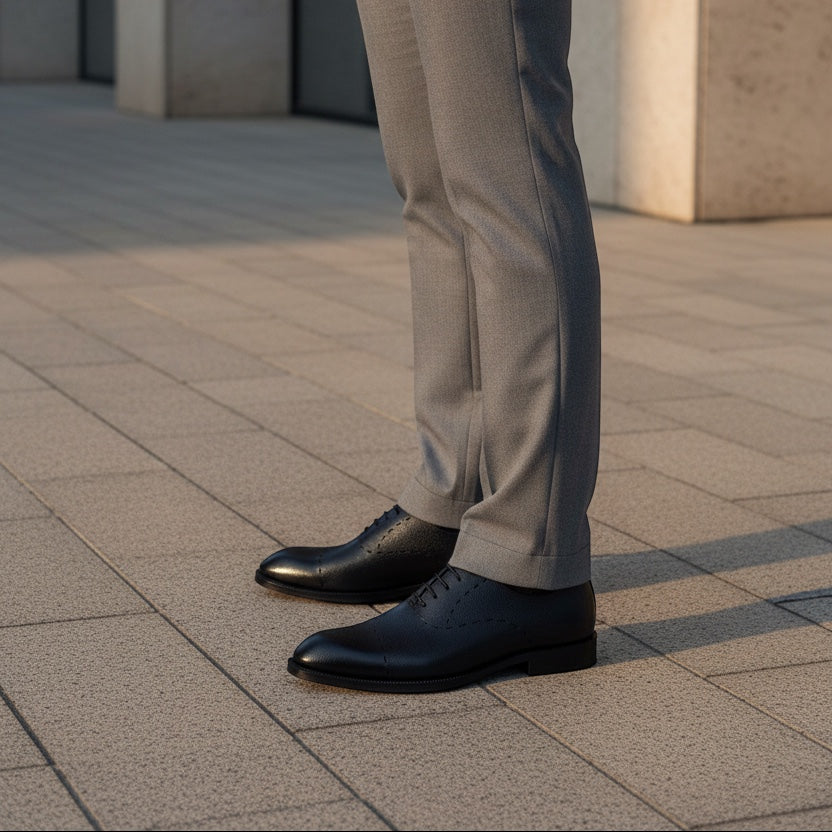 Barcon Getta Inc. black full grain leather Oxford dress shoes with Saffiano emboss and hand-stitched detail.