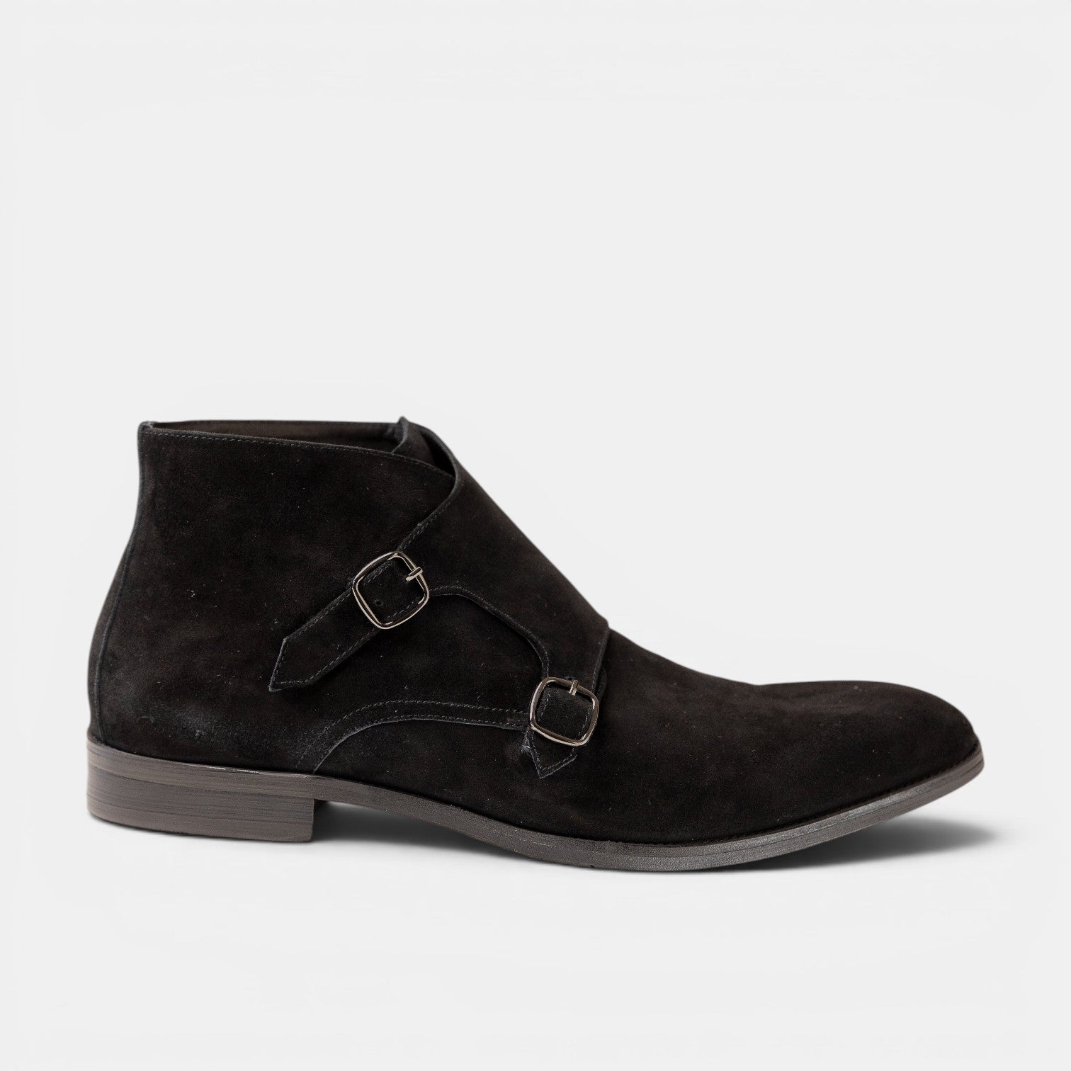 Barcon Getta Inc black suede double monk strap ankle boots with silver buckles.
