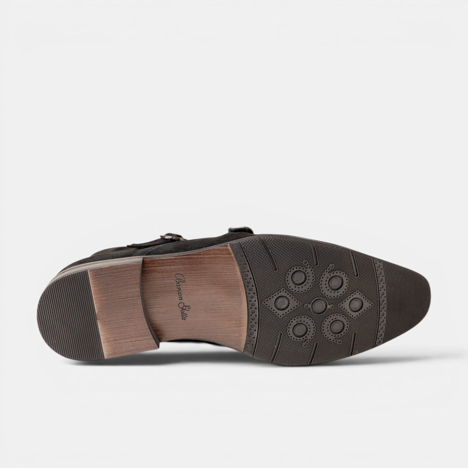 Barcon Getta Inc TIMBUKTU black suede monk strap shoes, handmade from Ethiopian leather with full grain calf leather and goat skin.