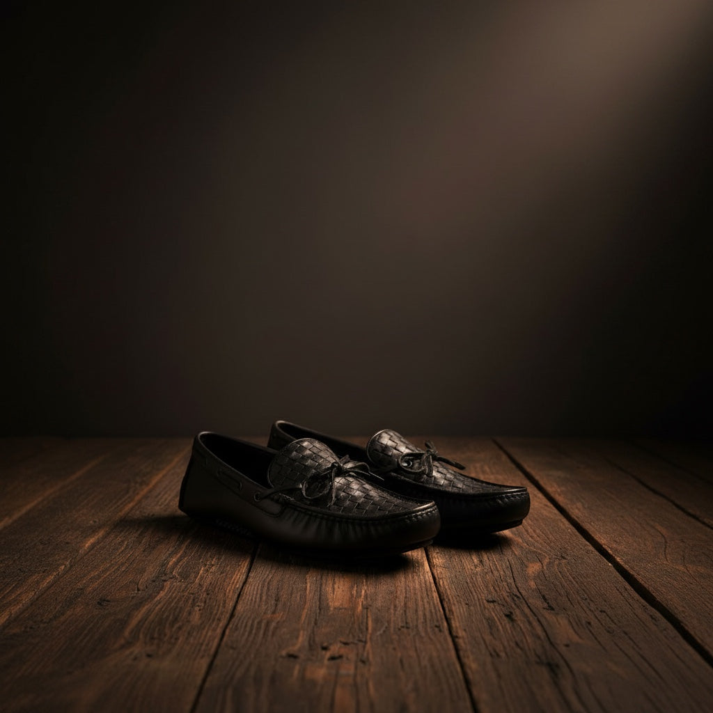 Barcon Getta Inc black full grain leather woven driving moccasins with bow detail and gunmetal eyelets.