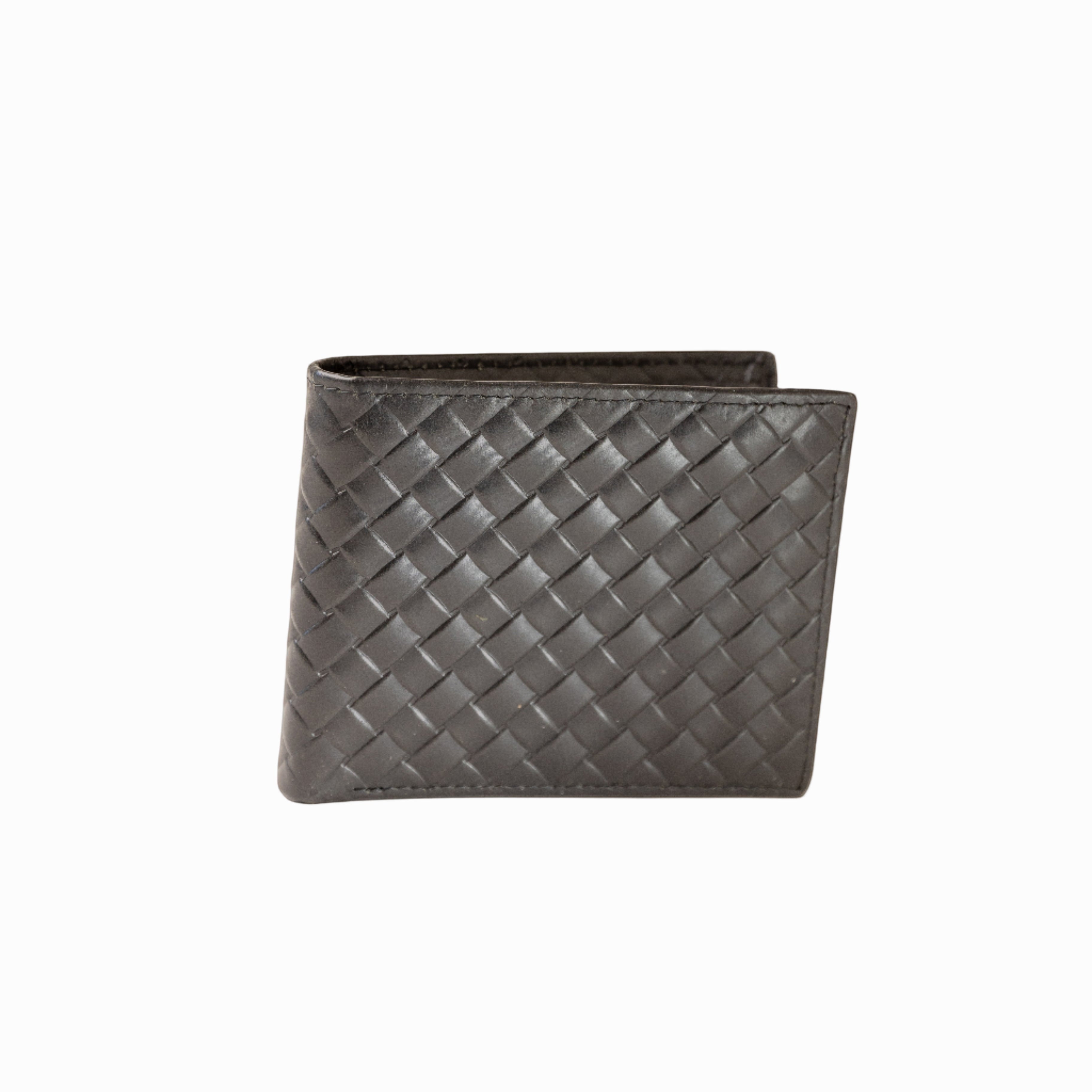 Barcon Getta Inc black woven leather bi-fold wallet with 3 card slots and 2 money slots.