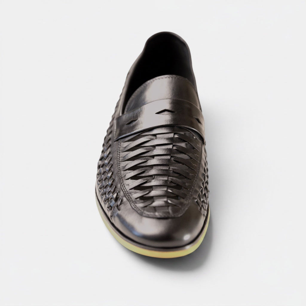 Barcon Getta Inc MASSAWA woven black full grain leather penny loafer with cream sole.