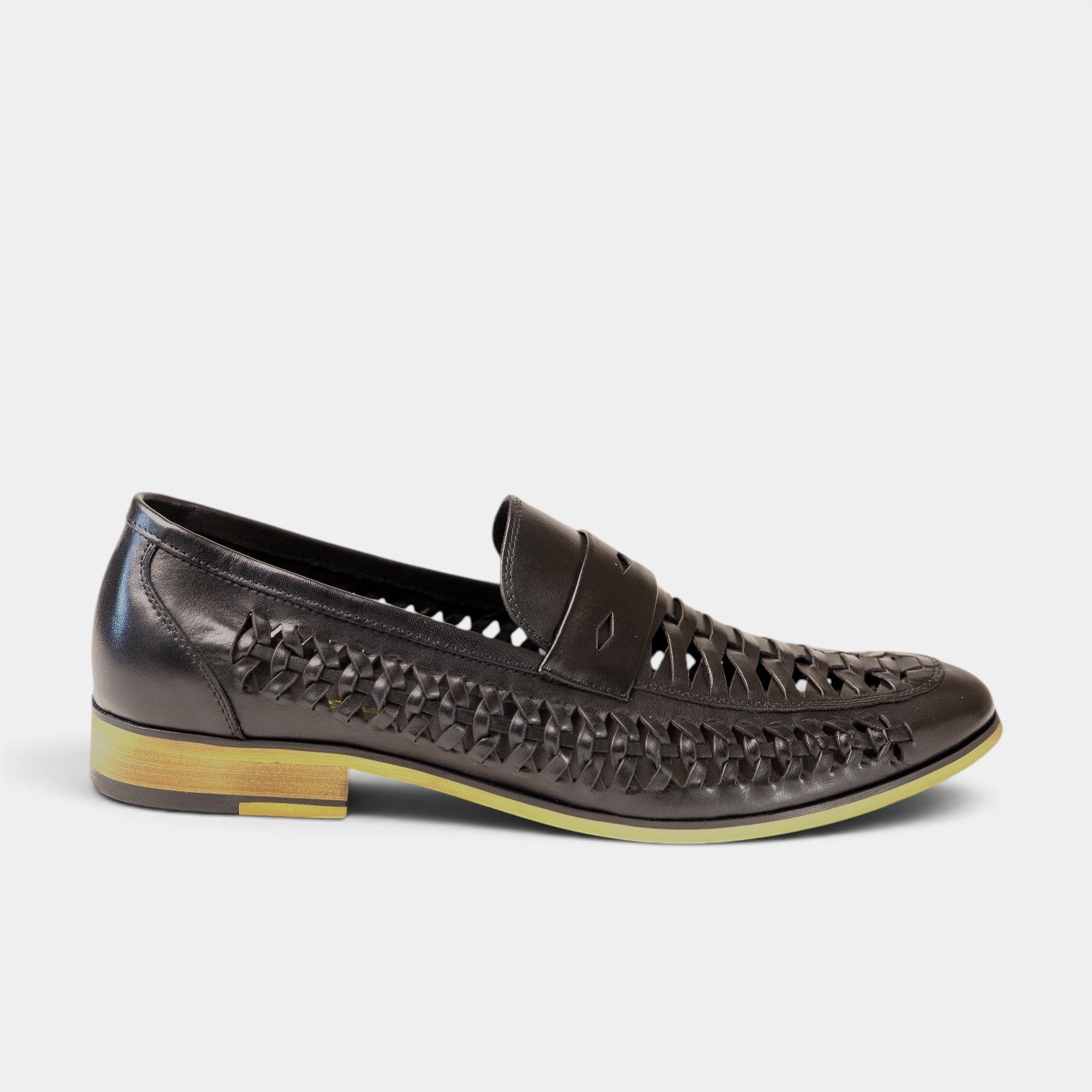 Barcon Getta Inc black leather woven open loafer with slip-on style and classic silhouette.