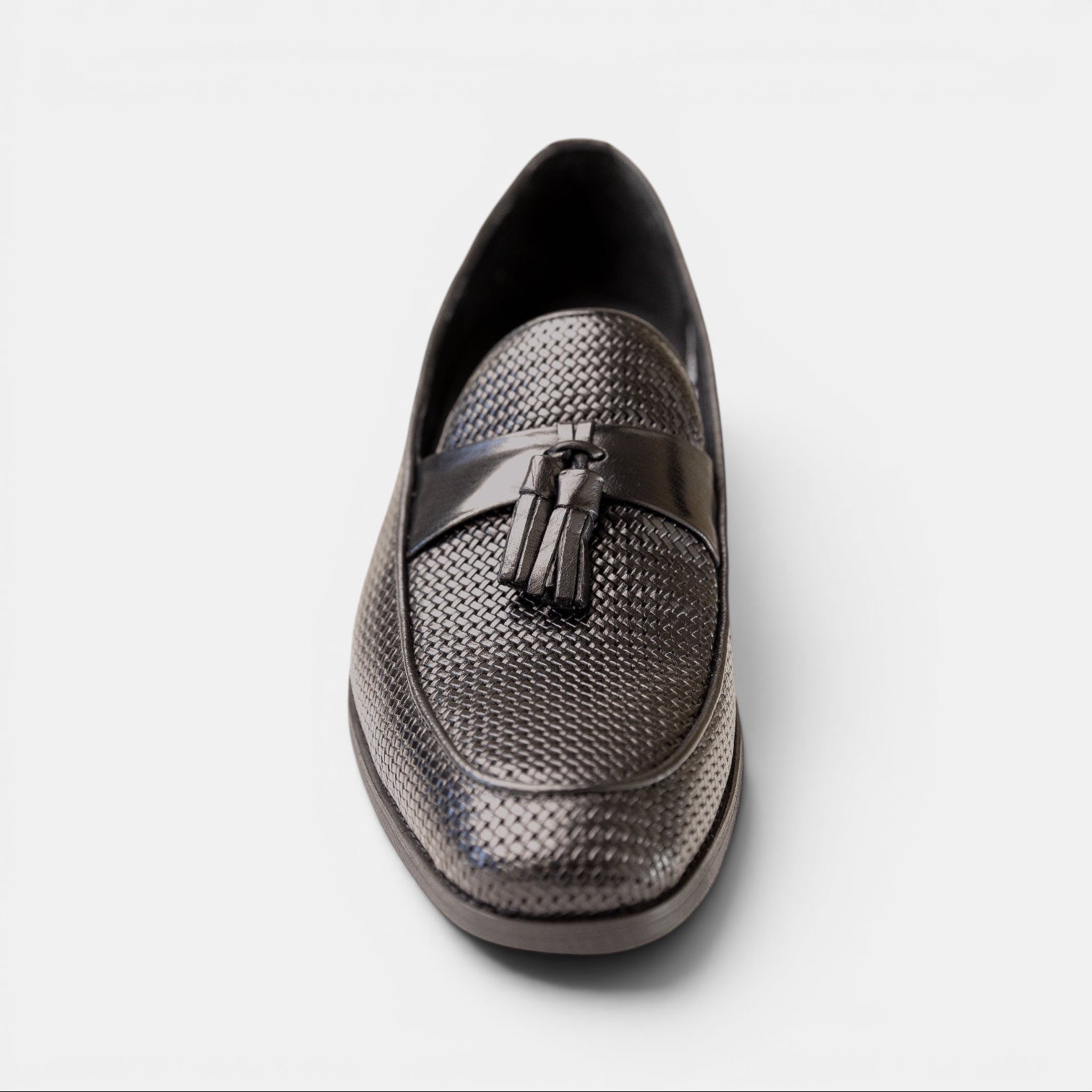 Barcon Getta Inc BERBERA black woven leather tassel loafer with smooth leather strap. Full grain leather.