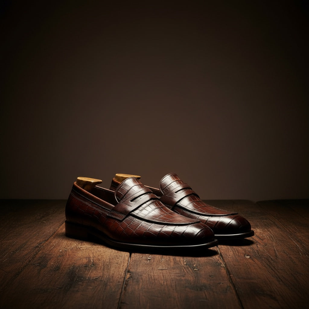 Pair of brown leather shoes on a wooden surface with a dark background