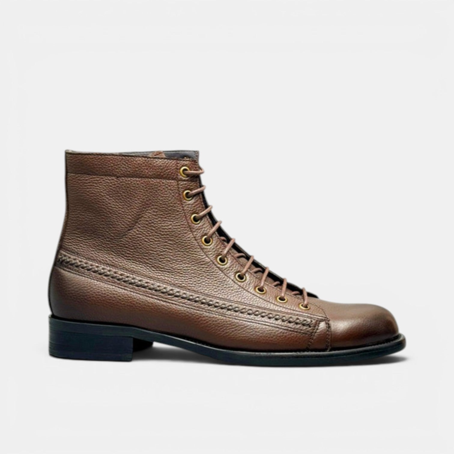 Barcon Getta Inc RABAT brown textured leather lace-up ankle boots with a low heel and decorative stitching.
