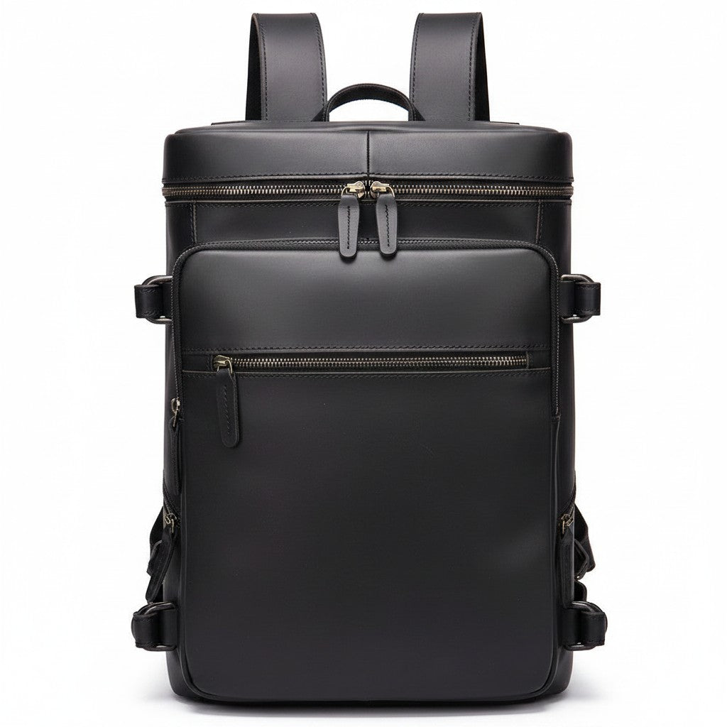 Barcon Getta Inc PATHWAY distressed brown genuine leather backpack with multiple zippered pockets and adjustable straps.