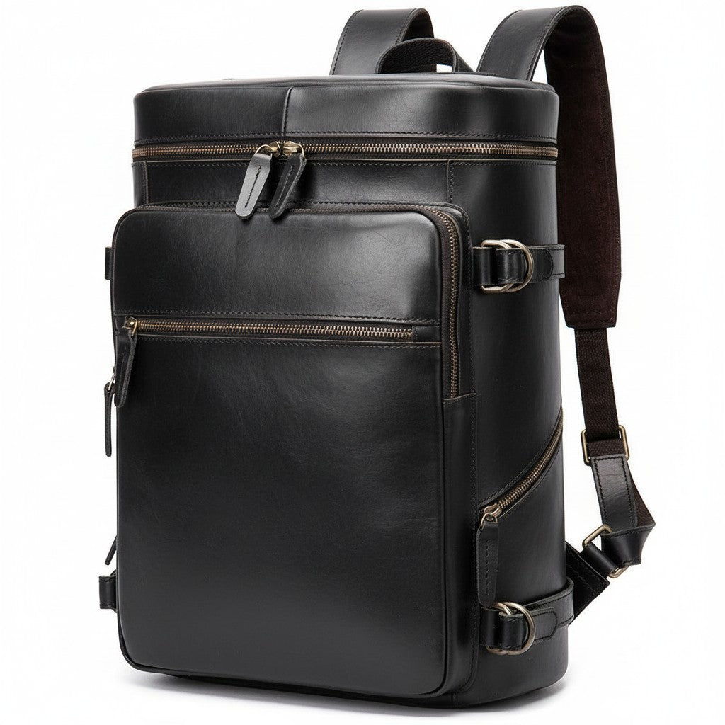 Barcon Getta Inc distressed brown genuine leather cylindrical backpack with multiple zippered pockets and adjustable straps.