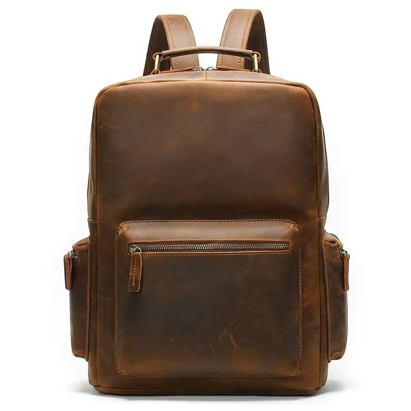 Barcon Getta Inc brown crazy horse leather backpack with multiple zipper pockets and laptop compartment.