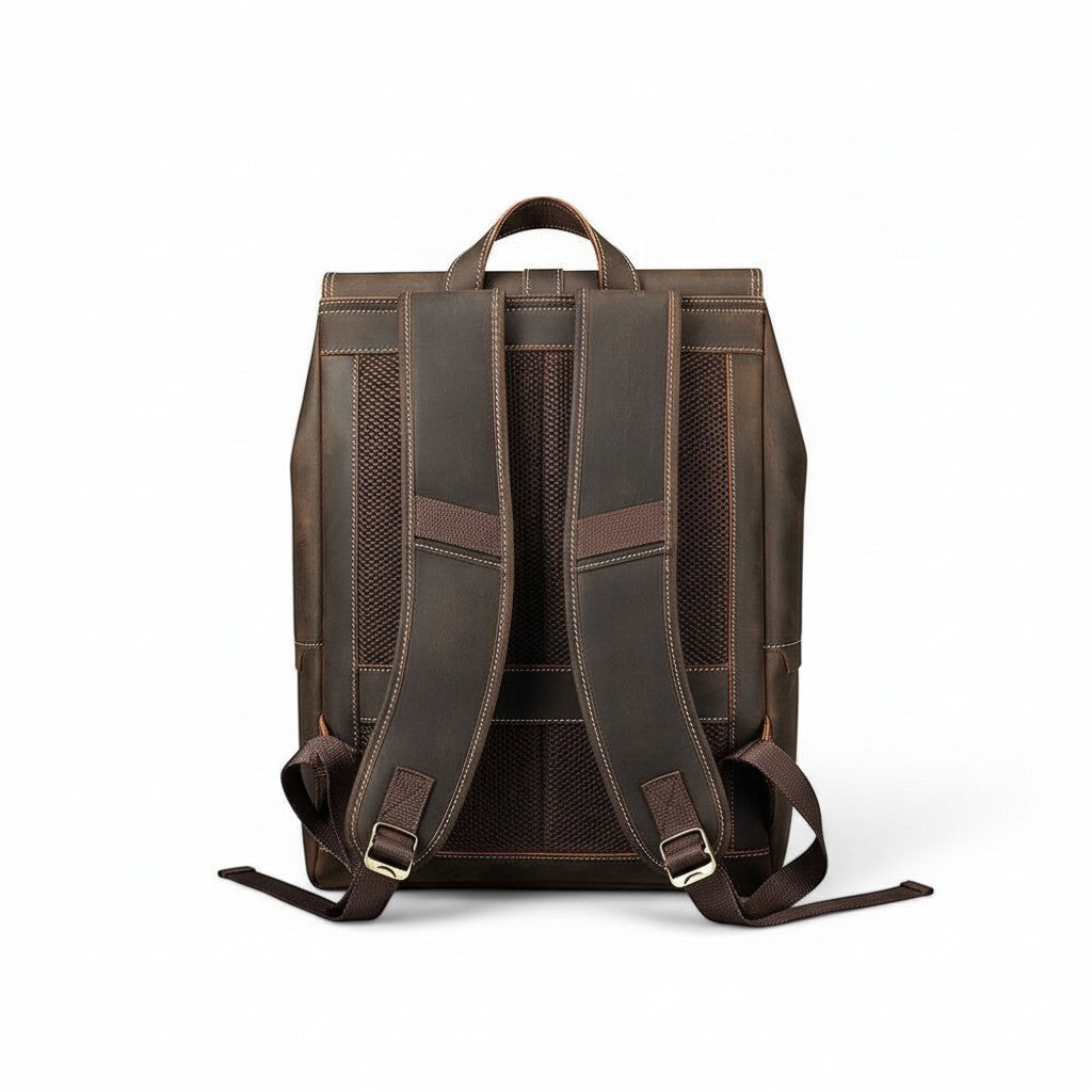 Barcon Getta Inc distressed brown leather backpack with buckle closure and adjustable straps.