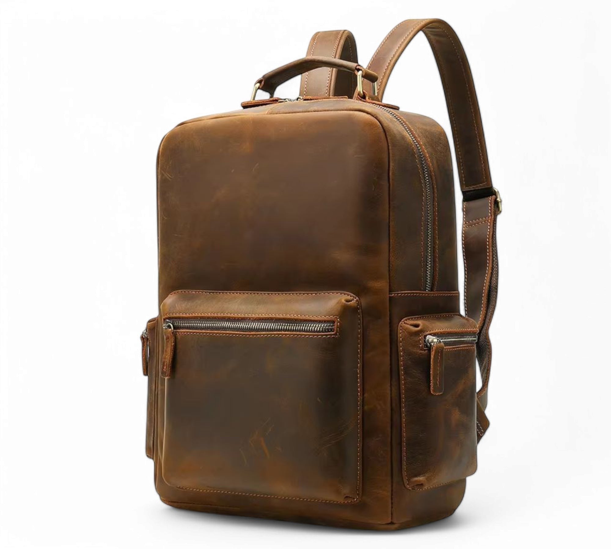 Barcon Getta Inc brown leather backpack with multiple zipper pockets and padded straps. Fits up to 16" laptop.