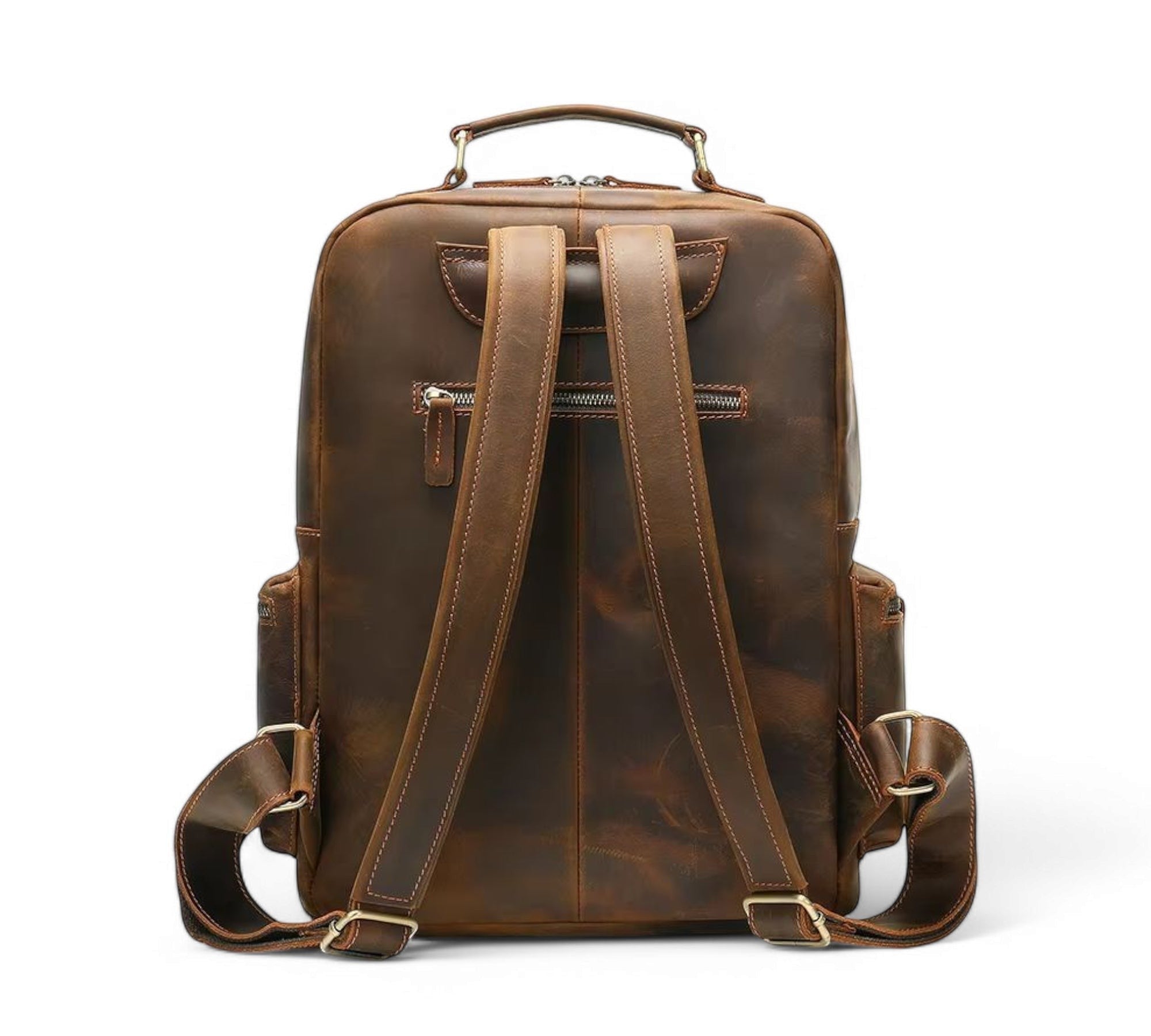Barcon Getta Inc brown crazy horse leather backpack with multiple zipper pockets and adjustable straps.