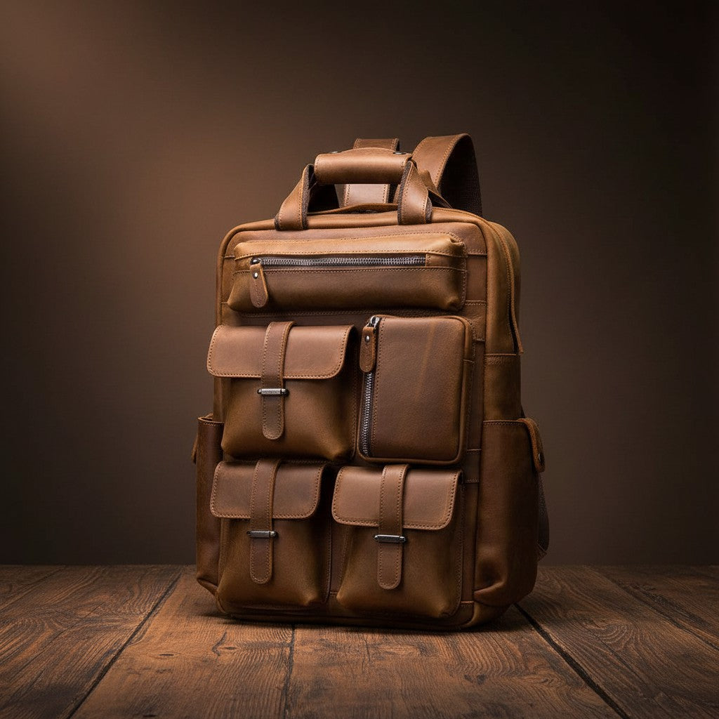 Barcon Getta Inc brown full grain Ethiopian leather backpack with multiple pockets and laptop compartment.