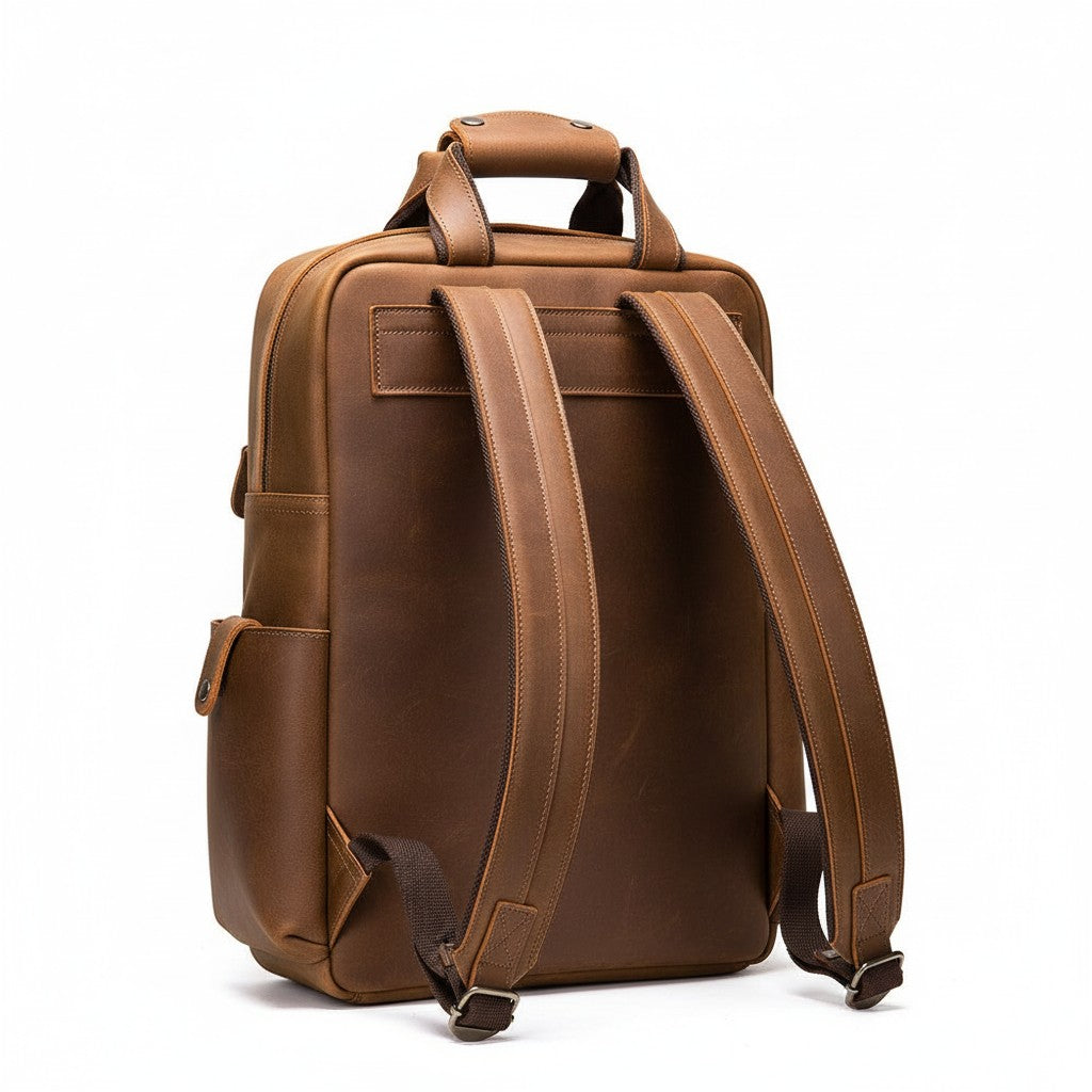 Barcon Getta Inc brown full grain Ethiopian leather backpack with multiple pockets and laptop compartment.