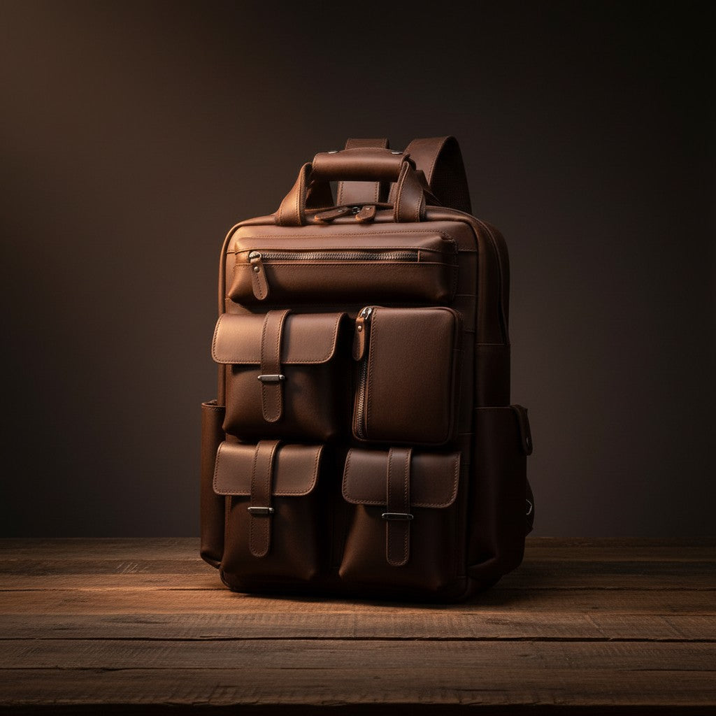 Barcon Getta Inc brown distressed leather multi-pocket backpack with zippered and flap pockets.