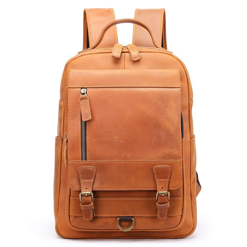 Barcon Getta Inc brown genuine leather backpack with multiple compartments and adjustable padded straps.