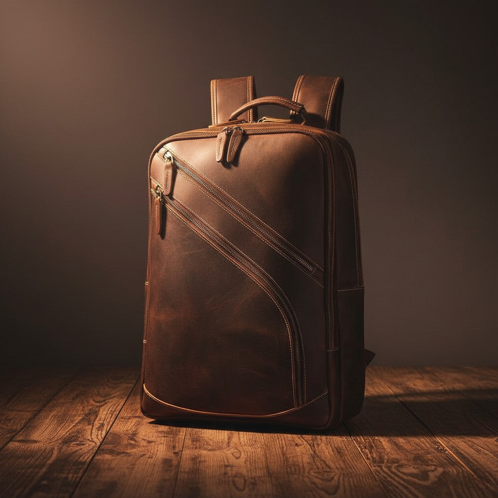 Barcon Getta Inc brown crazy horse leather backpack with multiple zipper pockets and padded straps.